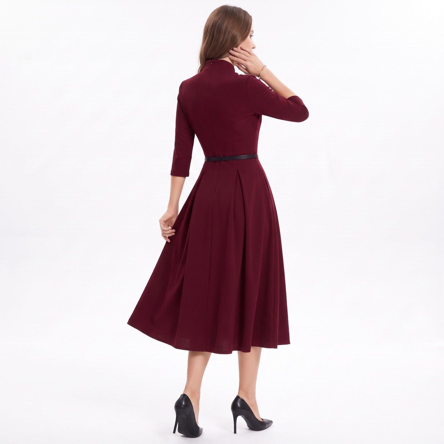 Three Quarter Sleeve Belted Midi Dress with Pleated A Line Skirt
