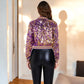 Sequin Bomber Jacket with Striped Ribbed Trim and Zip Front