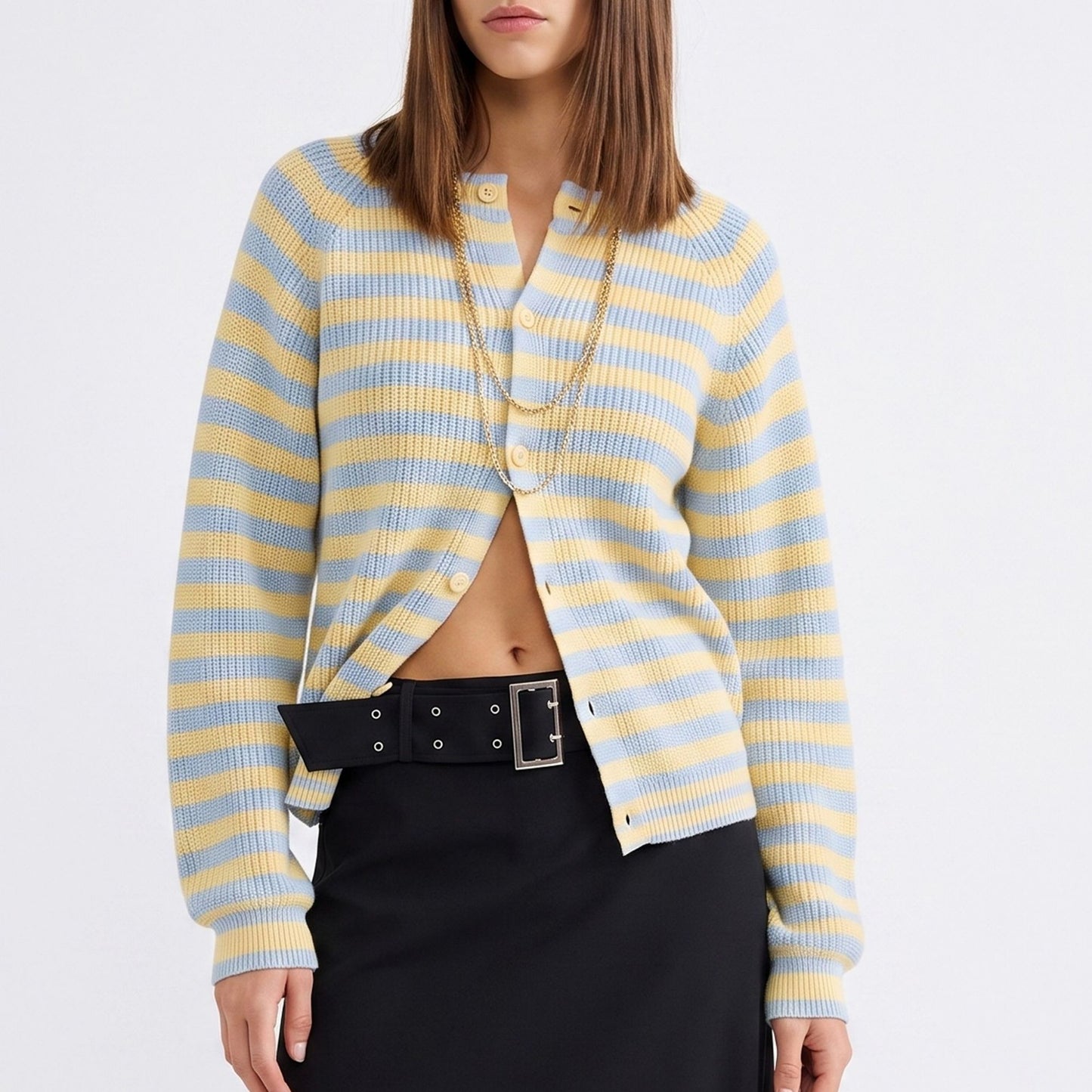 Striped Ribbed Crewneck Button Front Cardigan Sweater