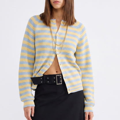 Striped Ribbed Crewneck Button Front Cardigan Sweater