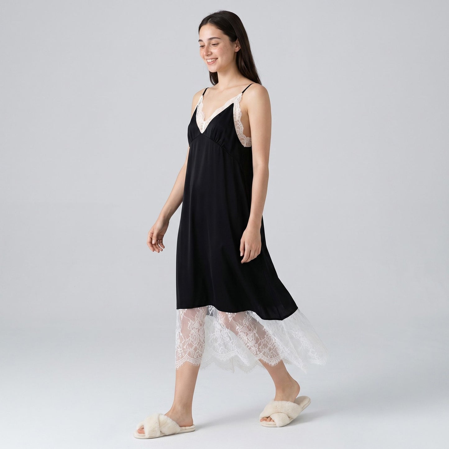 Sleeveless Slip Dress with Lace Trim V Neck and Midi Length