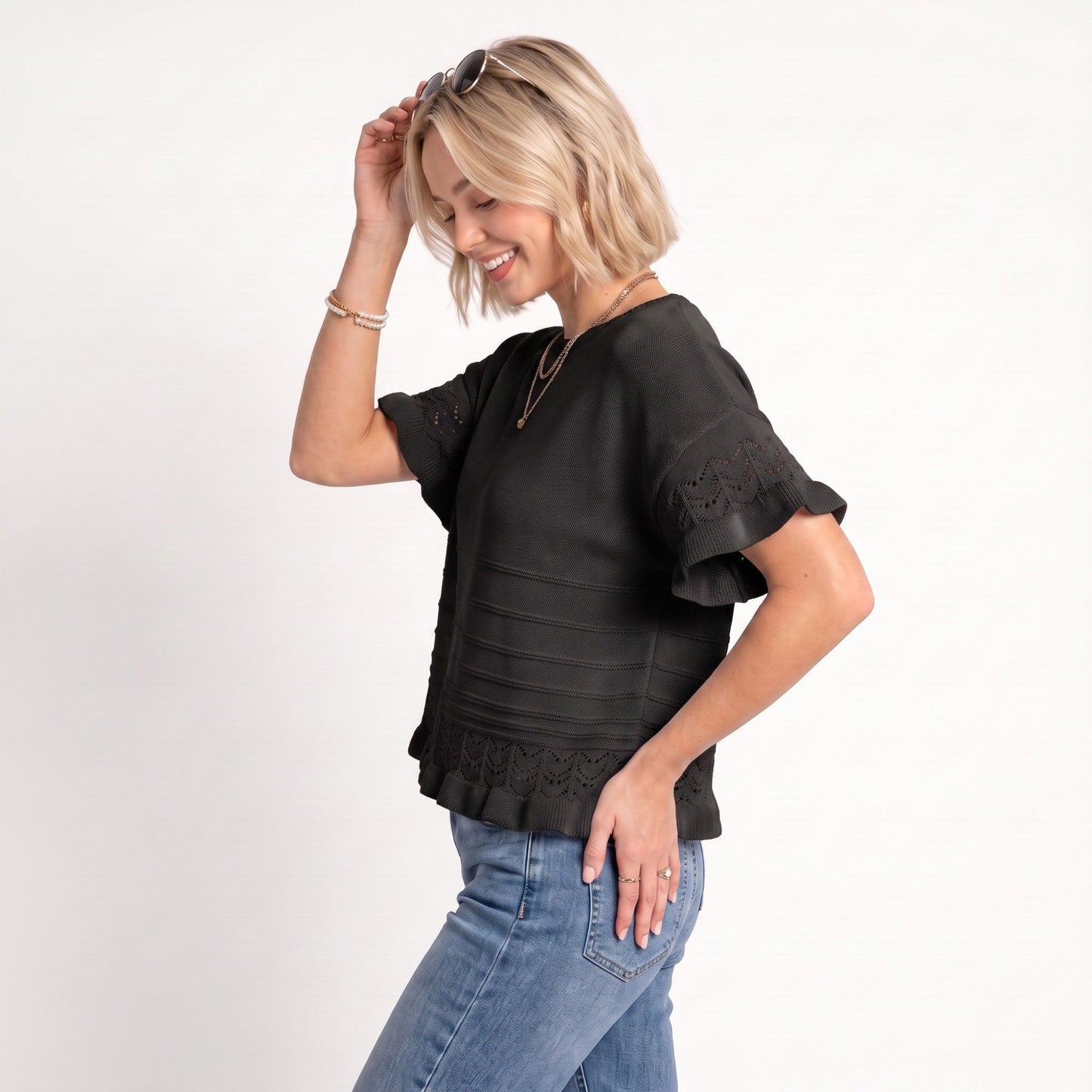 Short Sleeve Sweater Top Lace Ruffle Hem Textured Knit Blouse