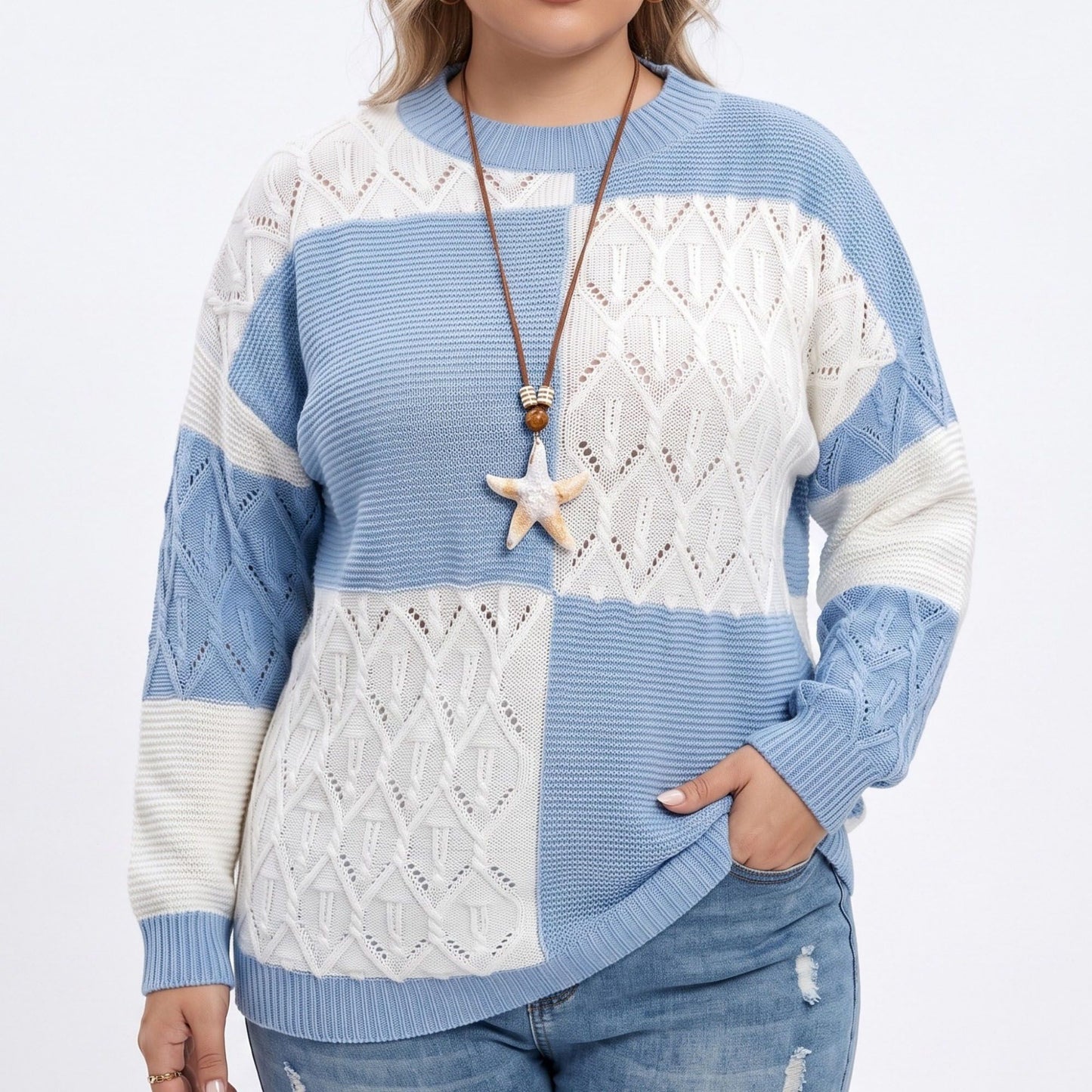 Plus Size Colorblock Pointelle Crewneck Sweater