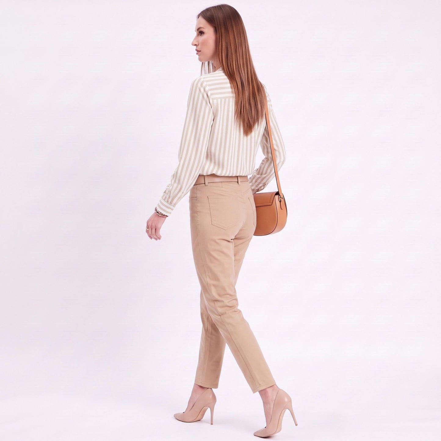 Striped Long Sleeve Split Neck Blouse with Button Placket