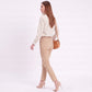 Striped Long Sleeve Split Neck Blouse with Button Placket