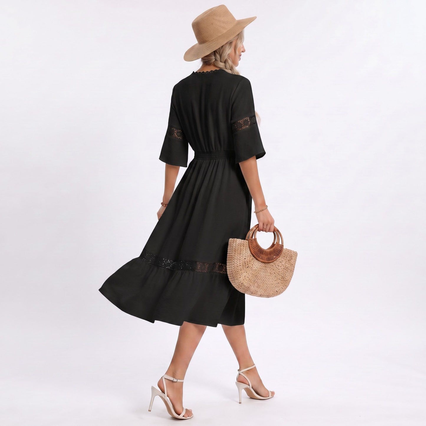 V-Neck Lace Trim Bell Sleeve Midi Dress