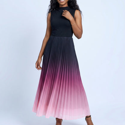 Sleeveless High Neck Pleated Ombre A-Line Maxi Dress with Flowy Skirt
