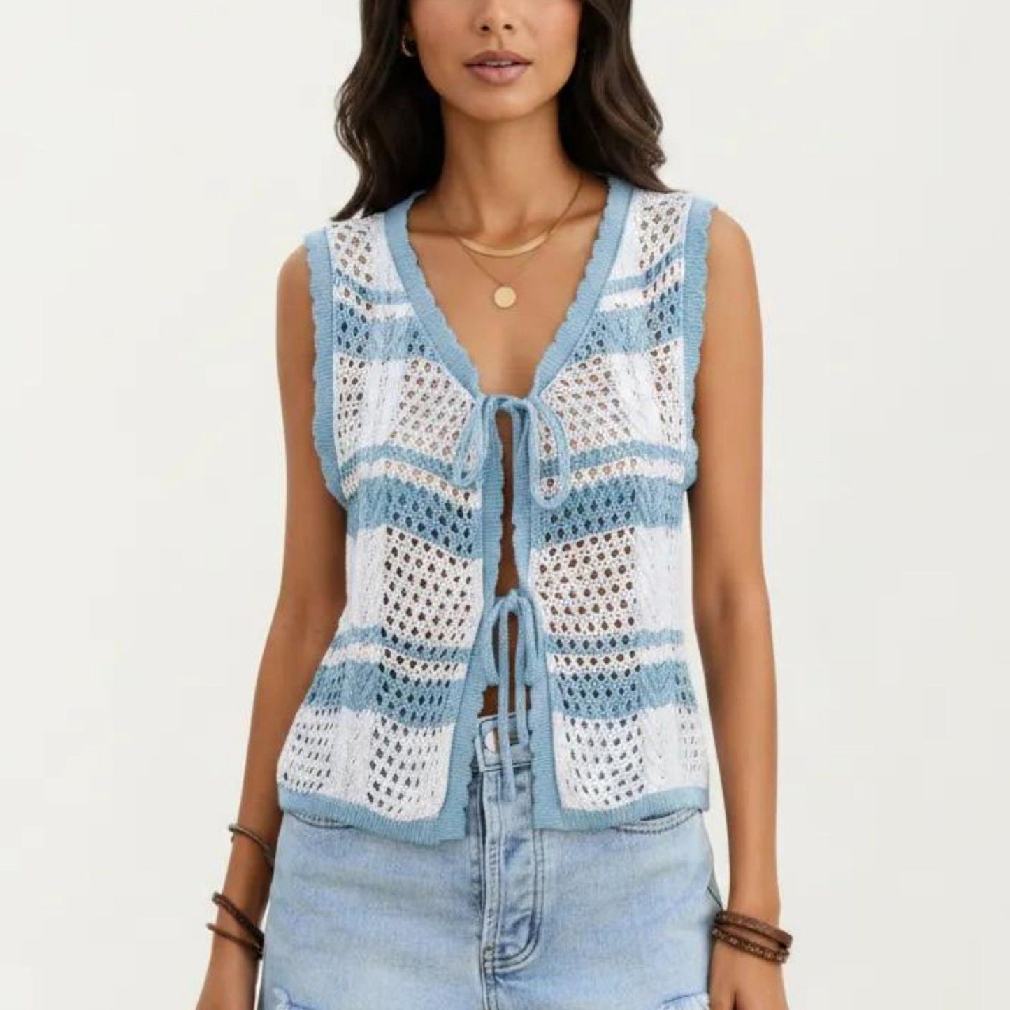 Sleeveless Striped Crochet Knit Vest with Tie Front and Open Stitch Design