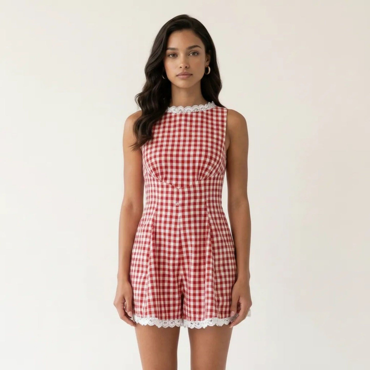 Gingham Romper Sleeveless Lace Trim Fit and Flare Lightweight Casual One Piece