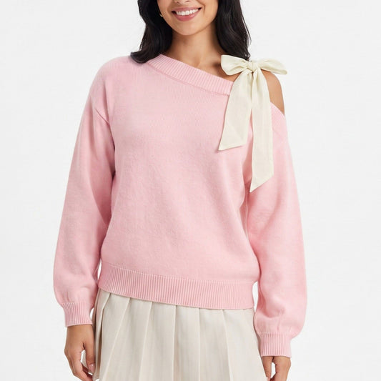 Off Shoulder Bow Sweater Long Sleeve Relaxed Fit Knit Pullover