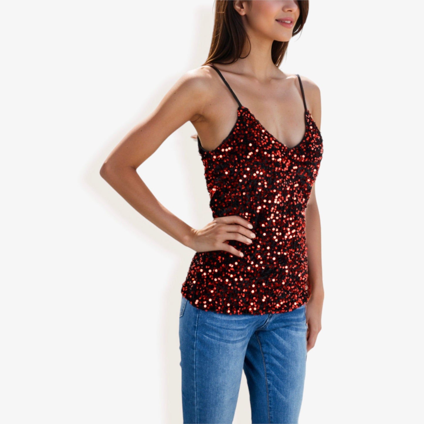 Sequined Spaghetti Strap V-Neck Camisole Top Party Night Out