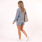 Striped 2 Piece Lounge Set with Long Sleeve Top and Drawstring Shorts