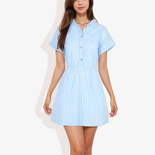 Short Sleeve Striped Dress with Elastic Waist