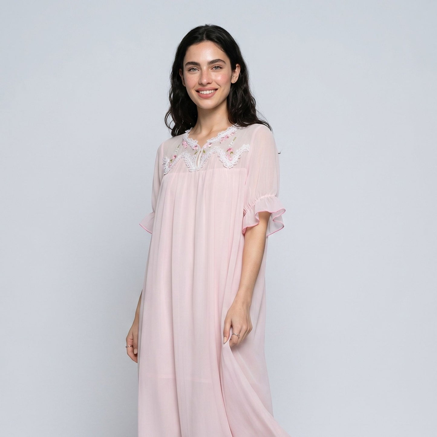 Short Sleeve Nightgown with Embroidered Collar and Ruffle Cuffs