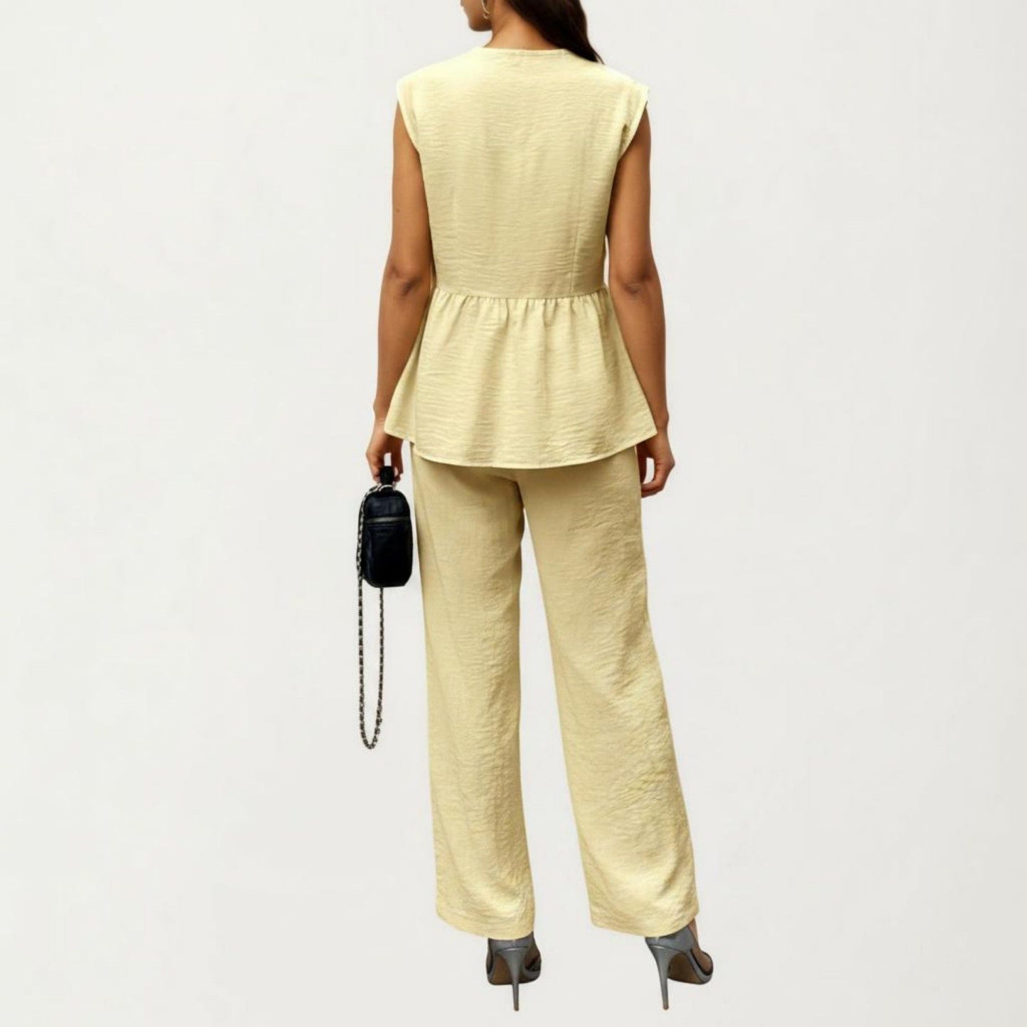 2-Piece Sleeveless V-Neck Peplum Top and Wide Leg Pant Set