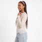 Lace Trim Ruched Long Sleeve Top Crew Neck Fitted Shirt