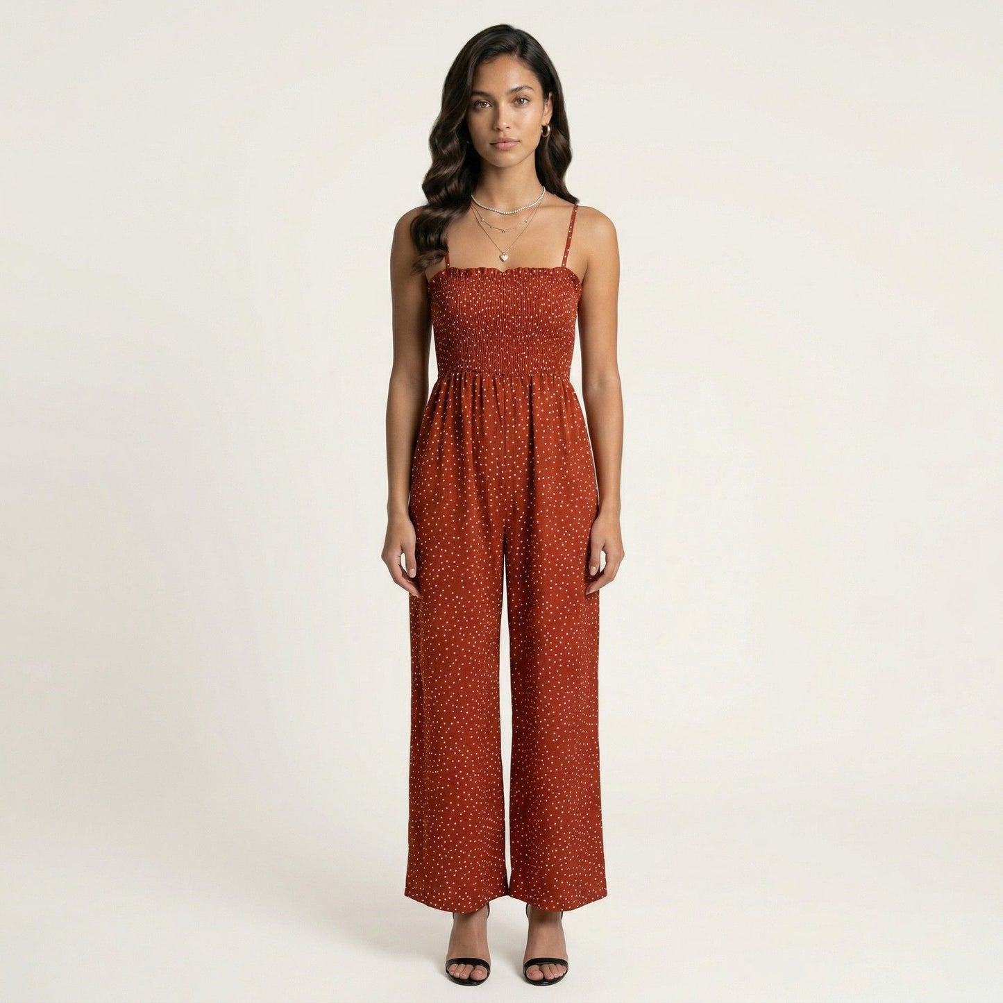 Sleeveless Polka Dot Wide Leg Jumpsuit with Spaghetti Straps Smocked Bodice Relaxed Fit