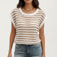 Short Sleeve Striped Crochet Knit Top with Open Stitch Texture and Relaxed Fit