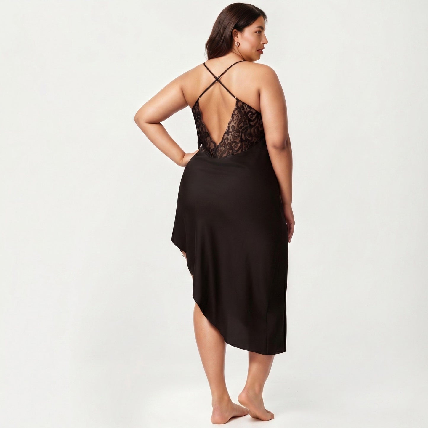 Plus Size Lace Panel Slip Nightgown with Adjustable Spaghetti Straps V Neck Asymmetrical Hem Sleepwear