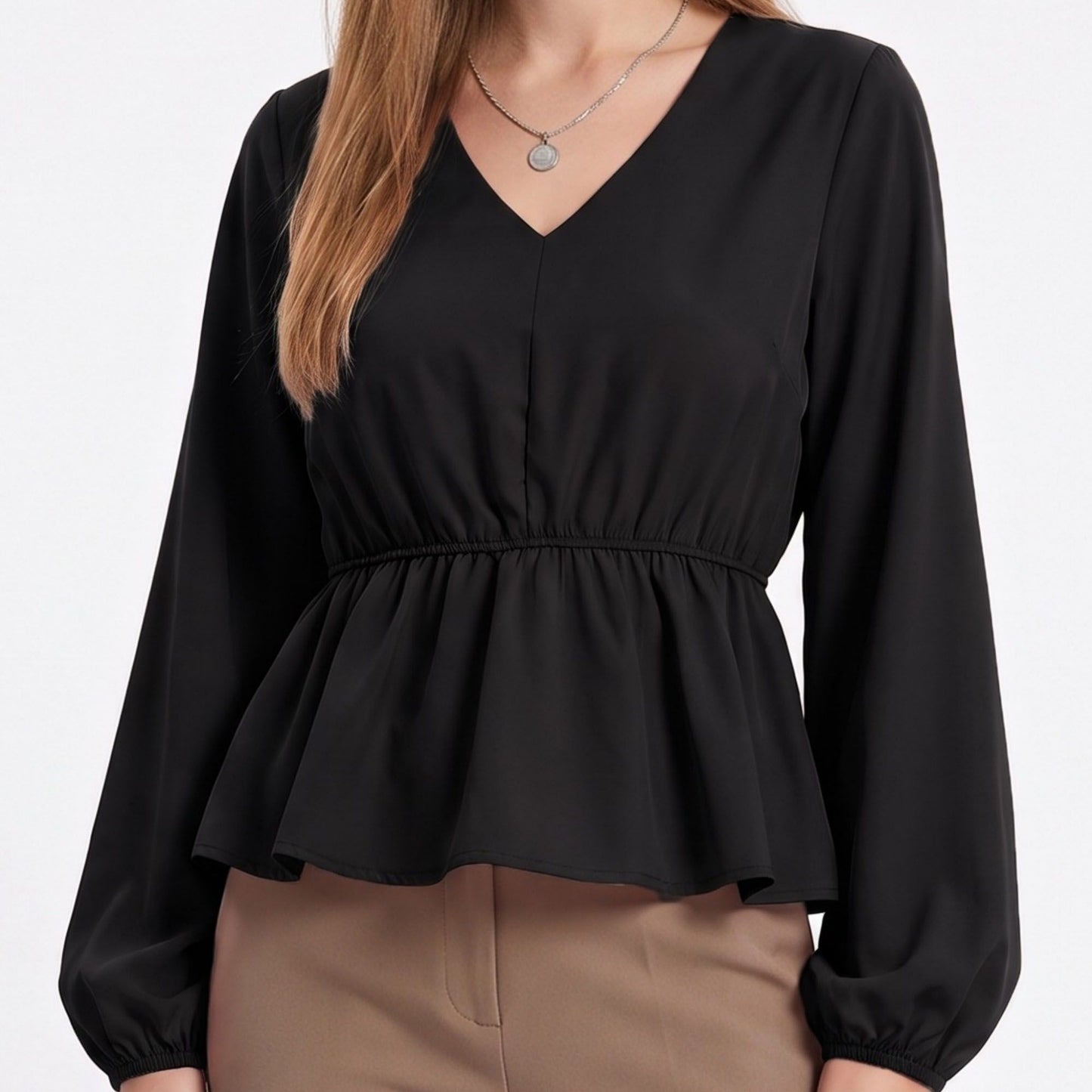 V Neck Long Sleeve Peplum Blouse Elastic Waist Casual Dressy Top