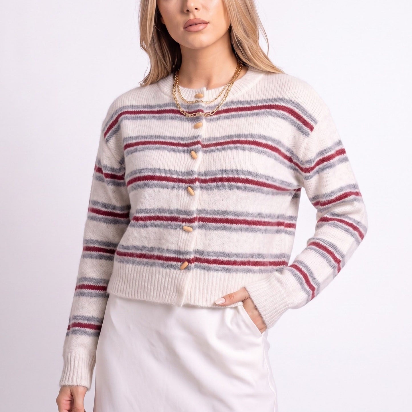Striped Crewneck Button-Front Cardigan Sweater