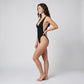 Textured V-Neck One Piece Swimsuit with Wide Straps Front Ring Detail High Cut Leg and Stretch Fit