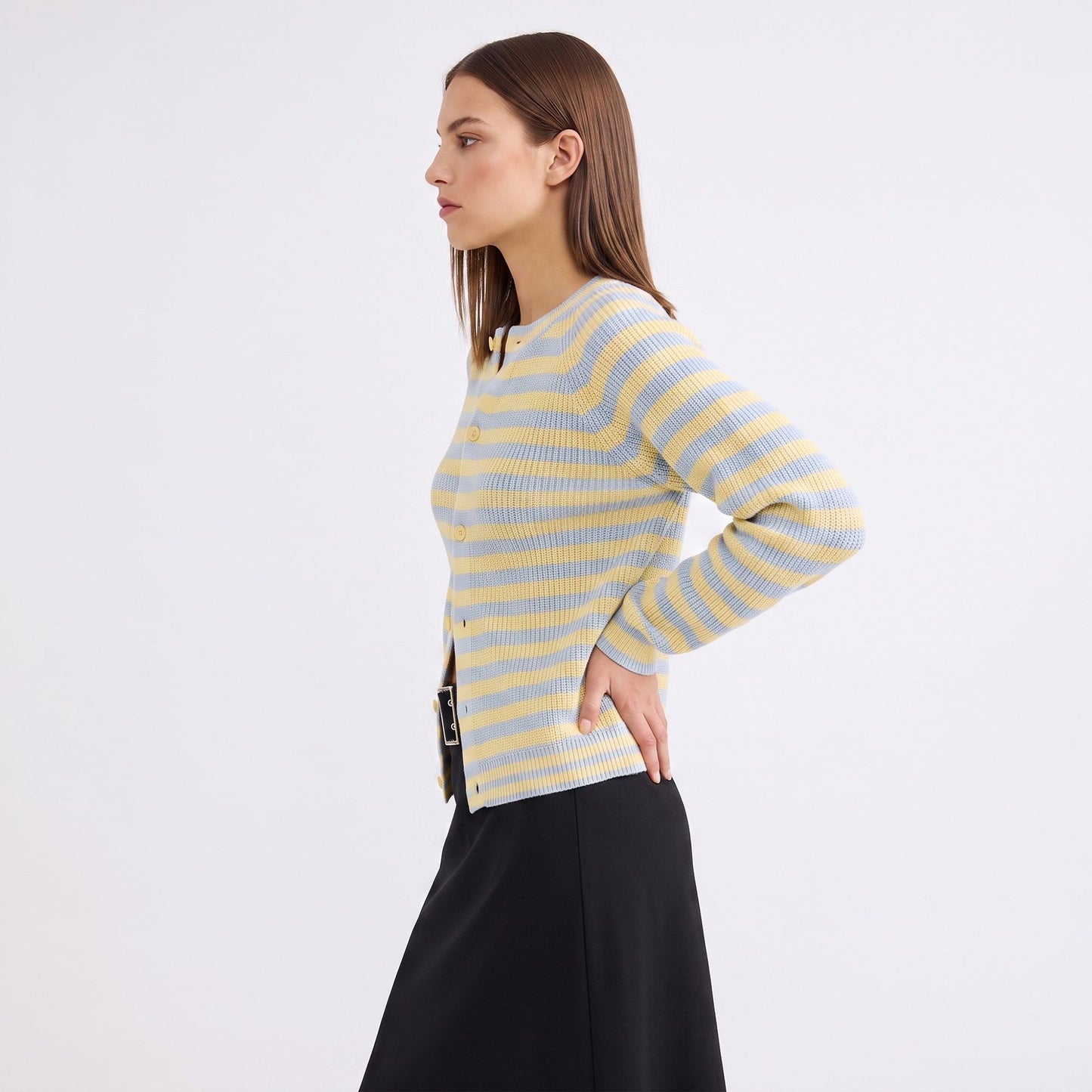 Striped Ribbed Crewneck Button Front Cardigan Sweater