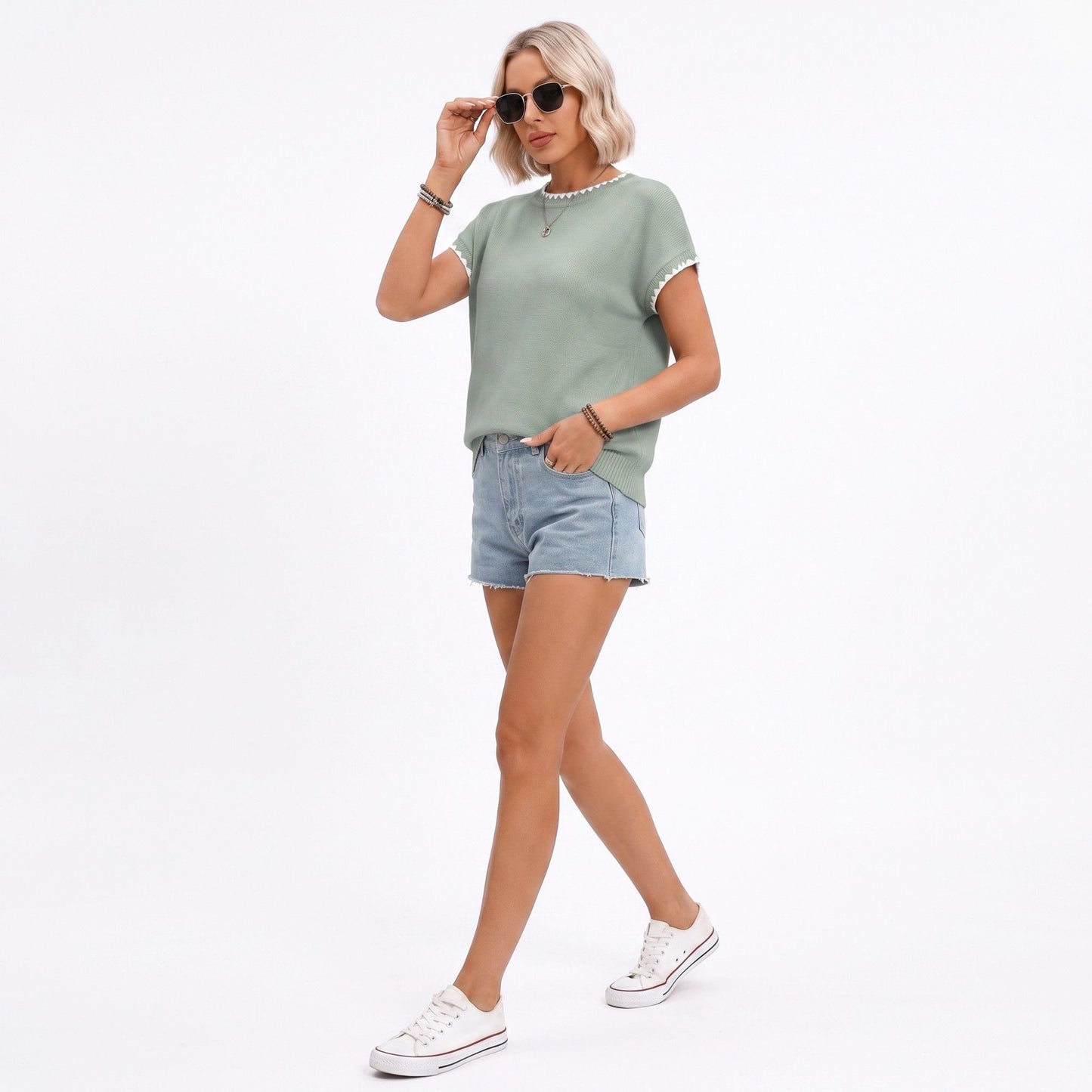Short Sleeve Sweater Top Scallop Trim Crew Neck Knit Blouse