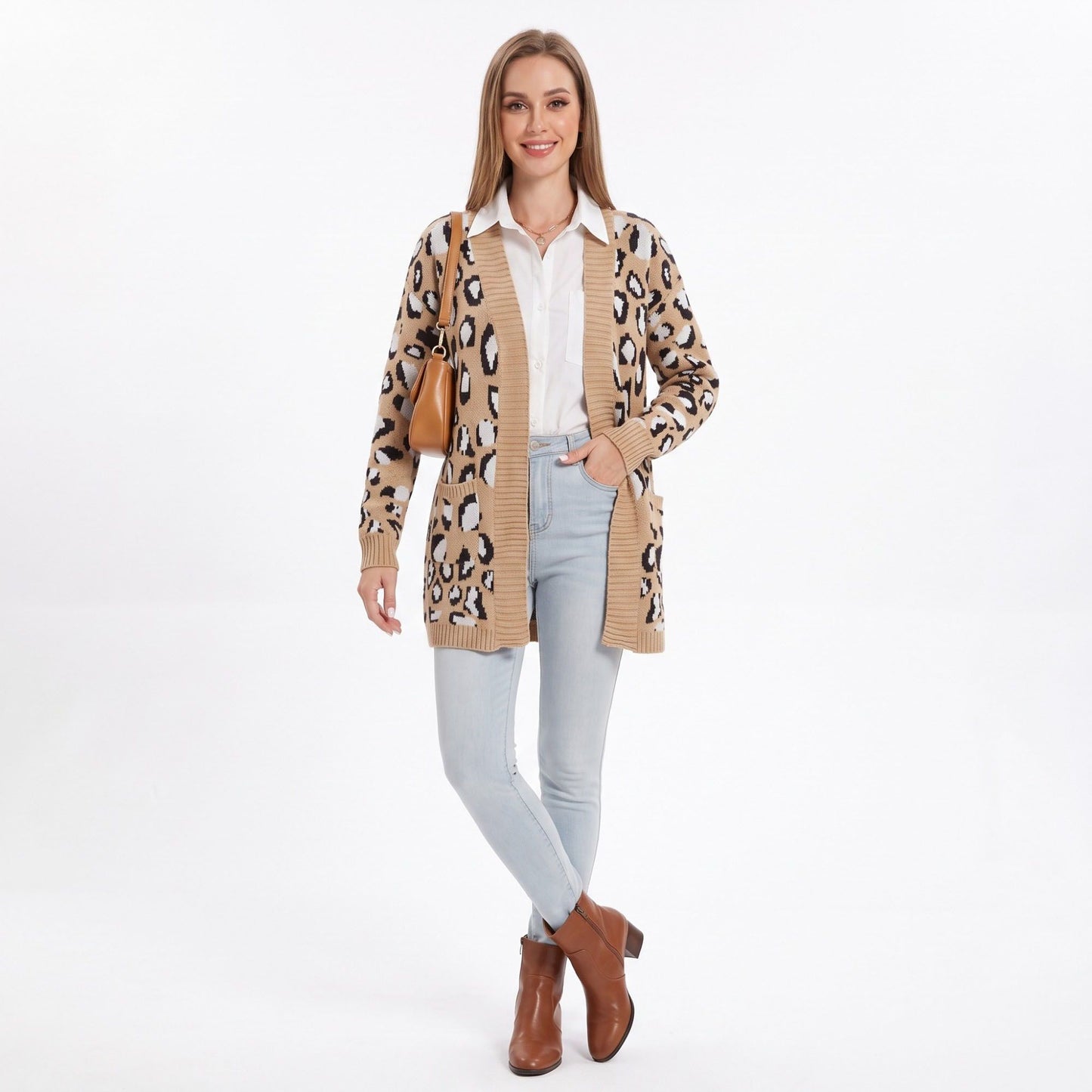 Animal Print Long Open Front Cardigan with Pockets
