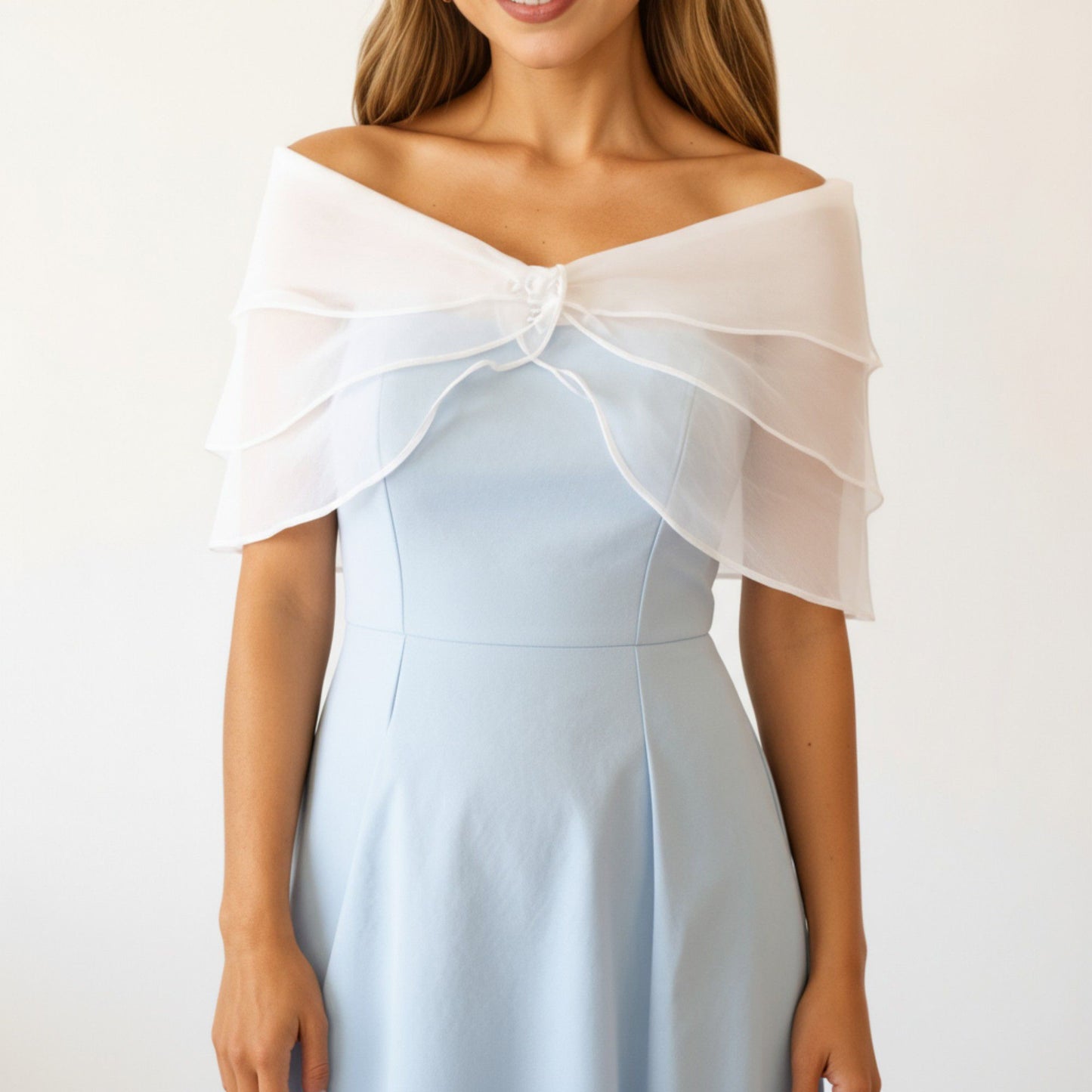 Sheer Organza Shoulder Shawl with Layered Ruffle Trim and Elegant Off-Shoulder Drape 14IN