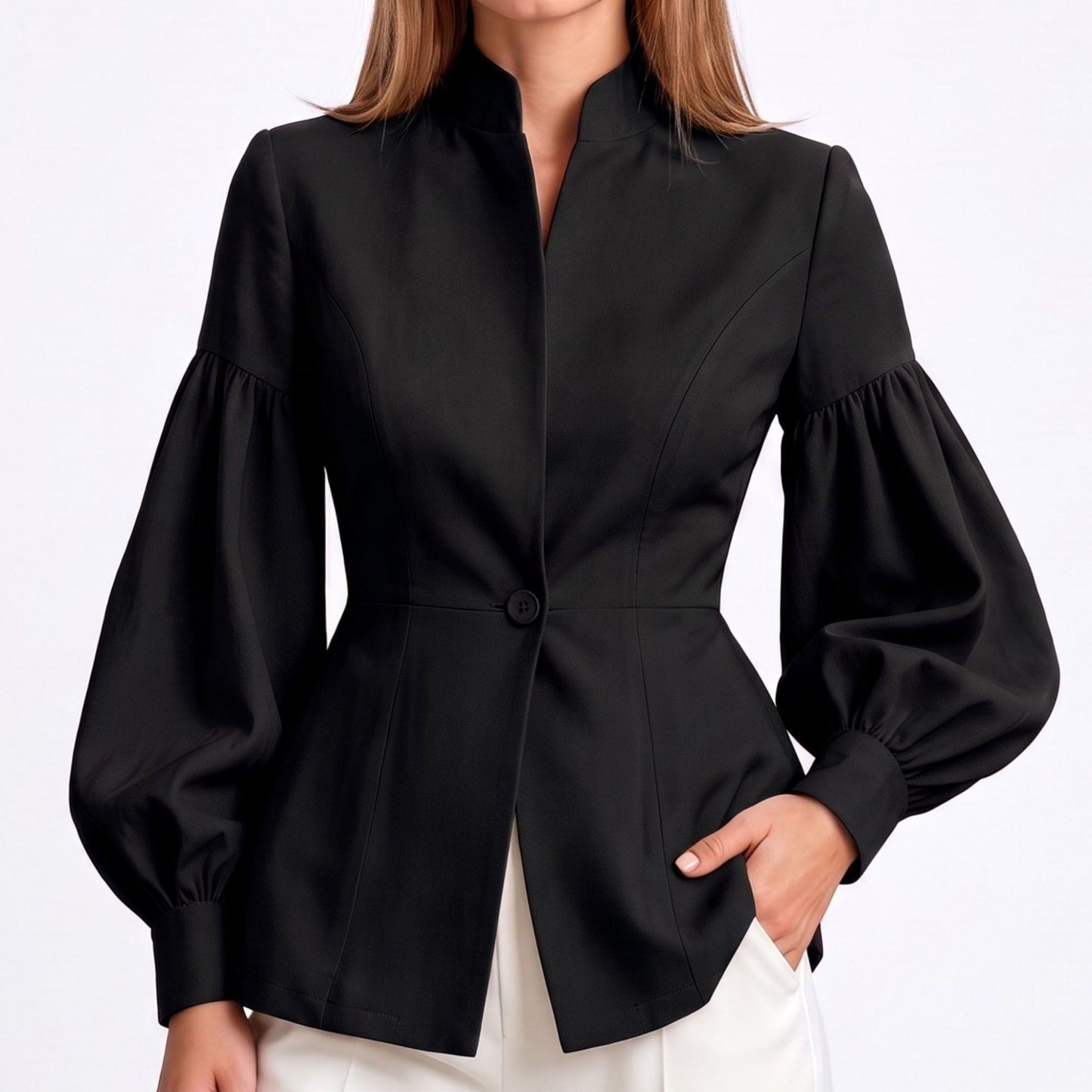 Puff Sleeve Peplum Blazer with Stand Collar and Button Front
