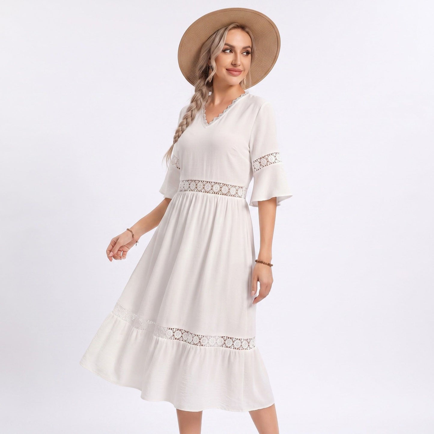 V-Neck Lace Trim Bell Sleeve Midi Dress