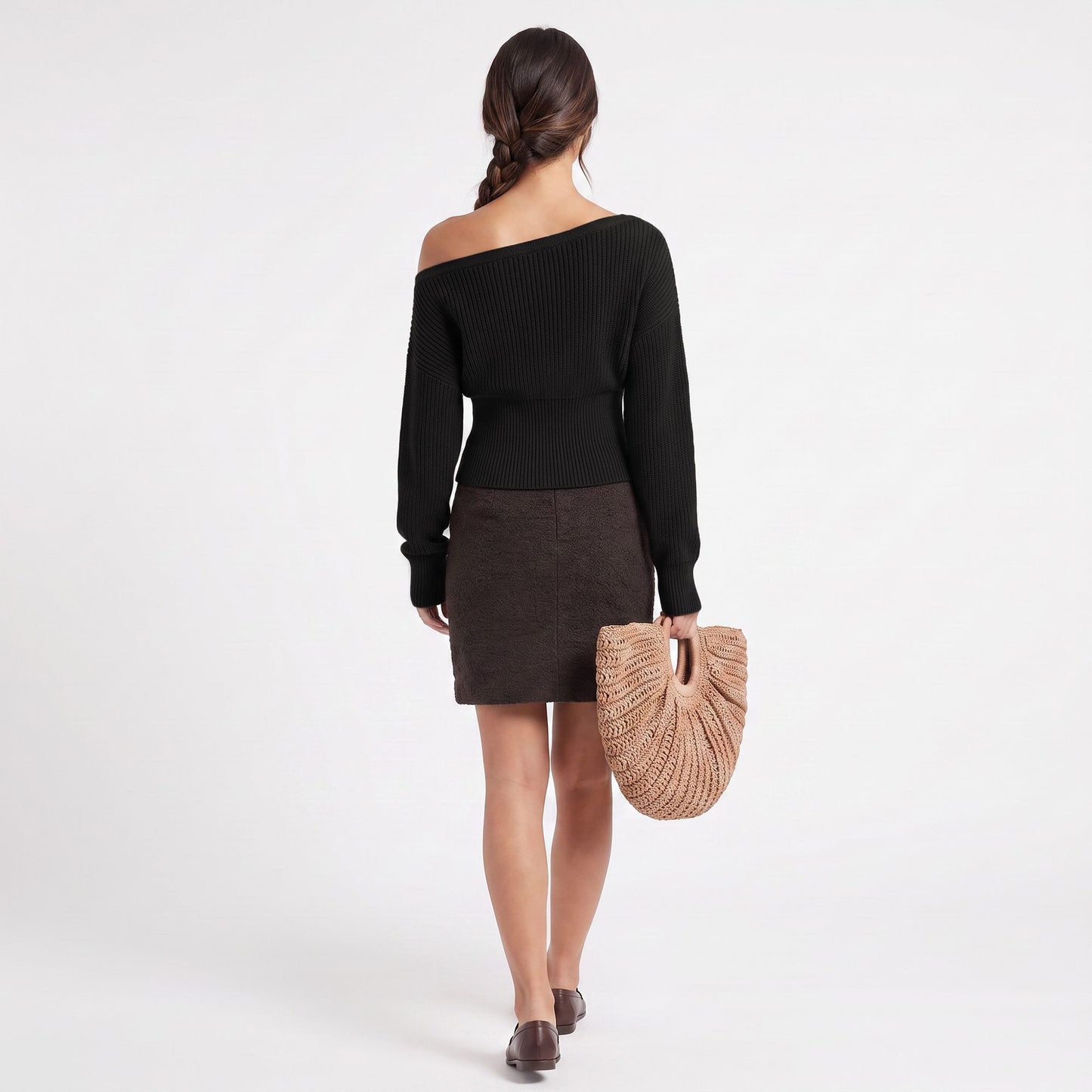 Off Shoulder Ribbed Waist Long Sleeve Knit Sweater