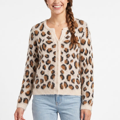 Fuzzy Leopard Print Button Front Cardigan Sweater