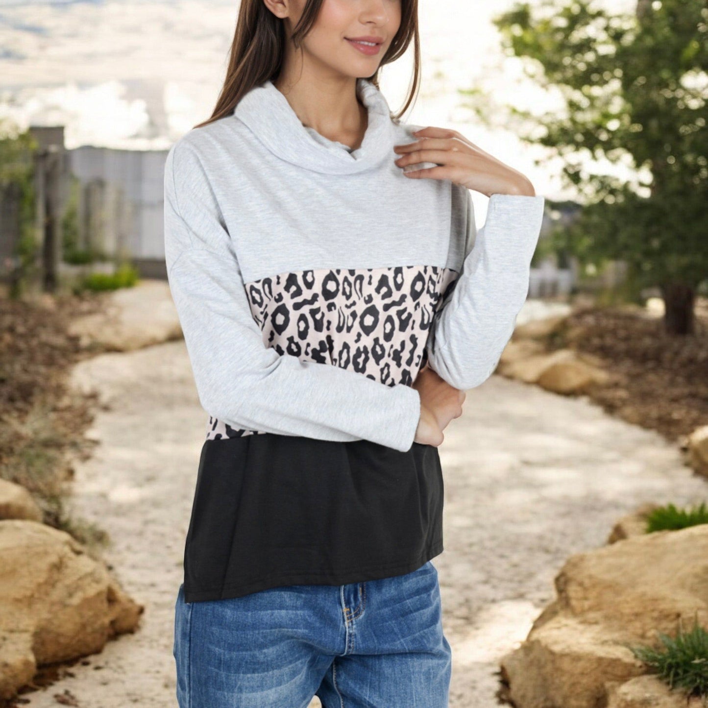 Long Sleeve Leopard Print Color Block Cowl Neck Top