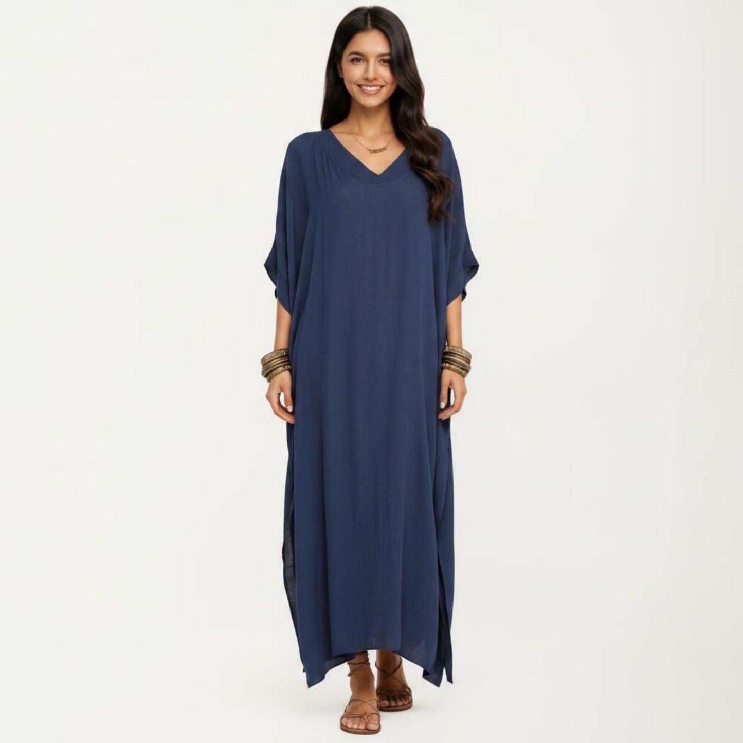 V-Neck Maxi Swim Cover Up Dress Loose Short Sleeve Lightweight Beach Caftan
