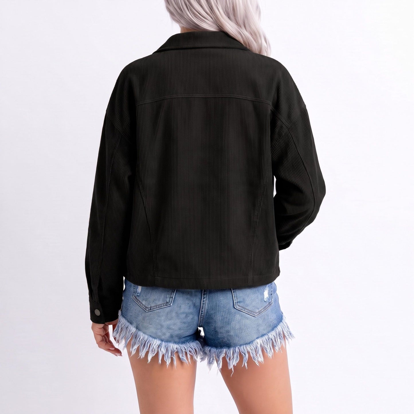 Cropped Button Front Shirt Jacket with Patch Pockets