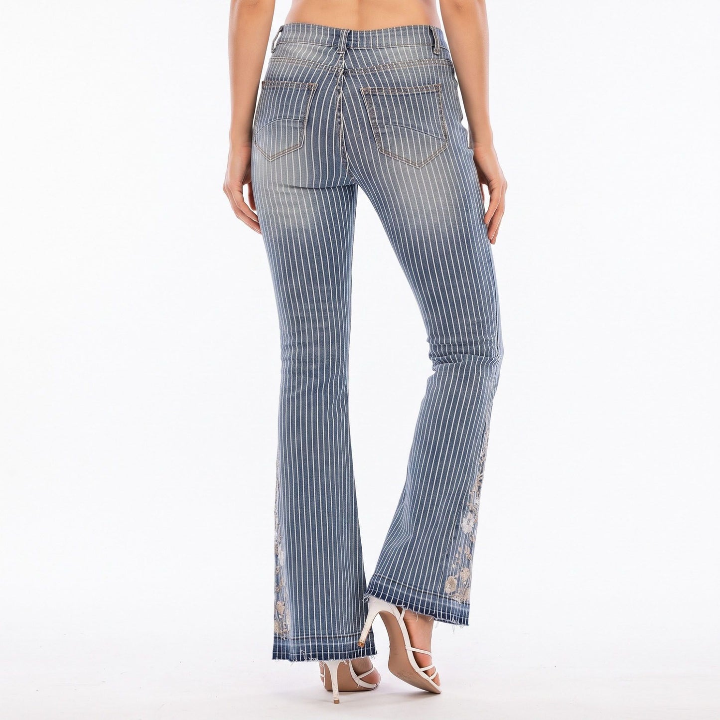 Striped Flare Jeans Floral Embroidered Denim Pants