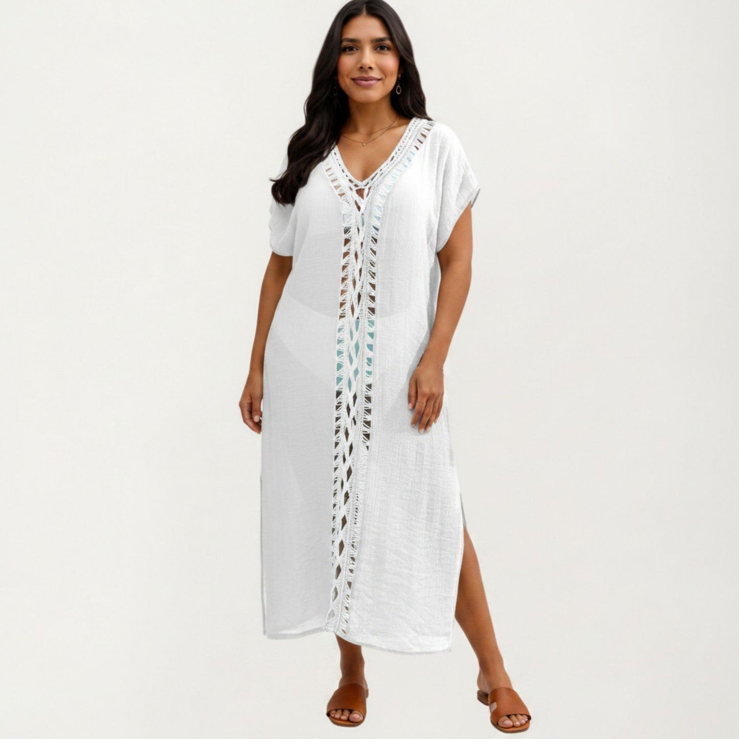 Maxi Swim Cover Up Dress with Crochet Trim V Neck Short Sleeves Relaxed Lightweight Fit