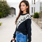 Crew Neck Sweater with Contrast Leopard Print Chevron Design