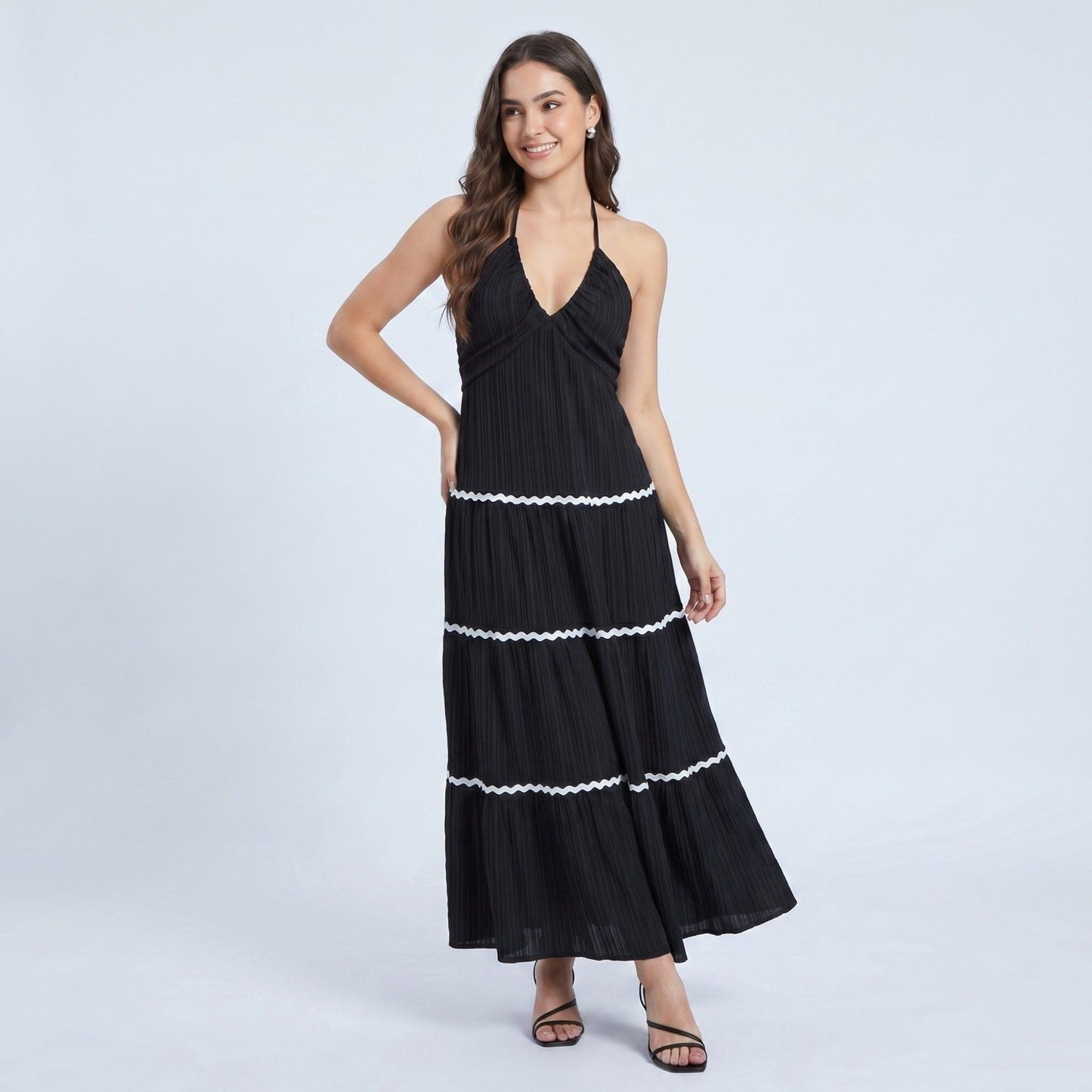 Halter Neck Tiered Maxi Dress with Contrast Trim