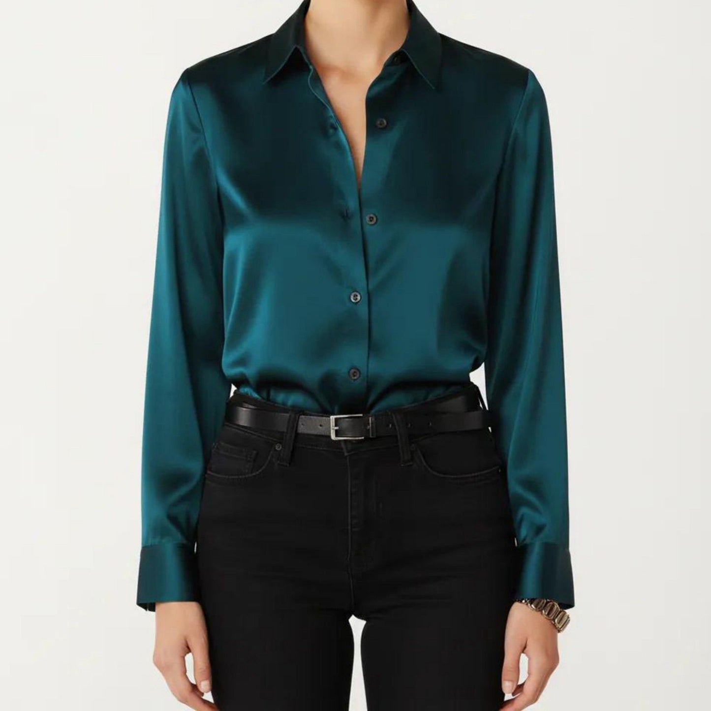 Satin Button Down Blouse with Collared Neckline and Three Quarter Sleeves