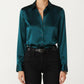 Satin Button Down Blouse with Collared Neckline and Three Quarter Sleeves