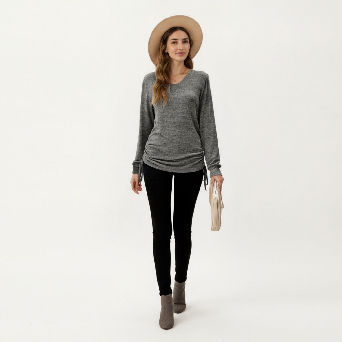 Long Sleeve V-Neck Top with Side Drawstring Ruched Hem