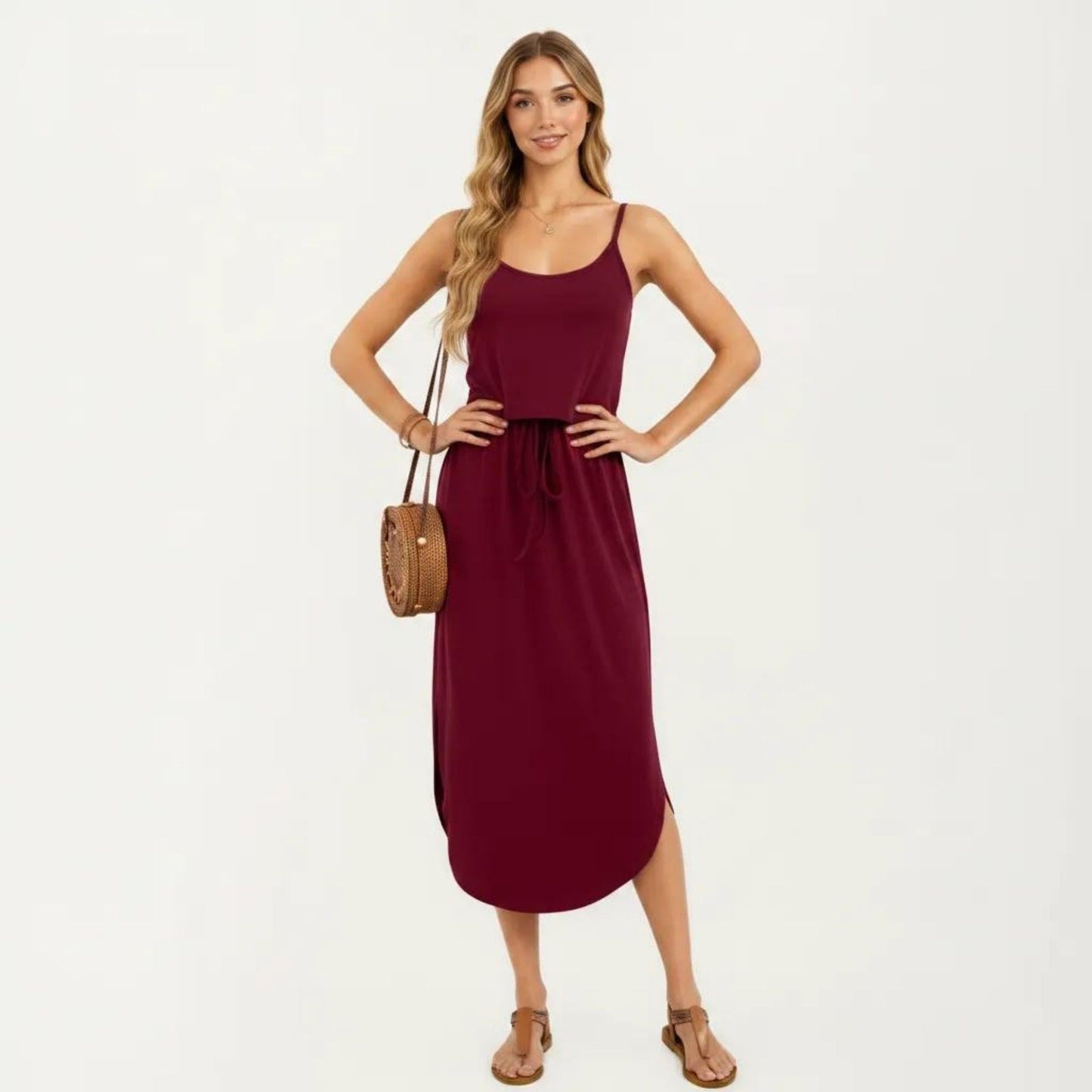 Sleeveless Midi Dress with Spaghetti Straps and Adjustable Drawstring Waist Relaxed Fit Silhouette
