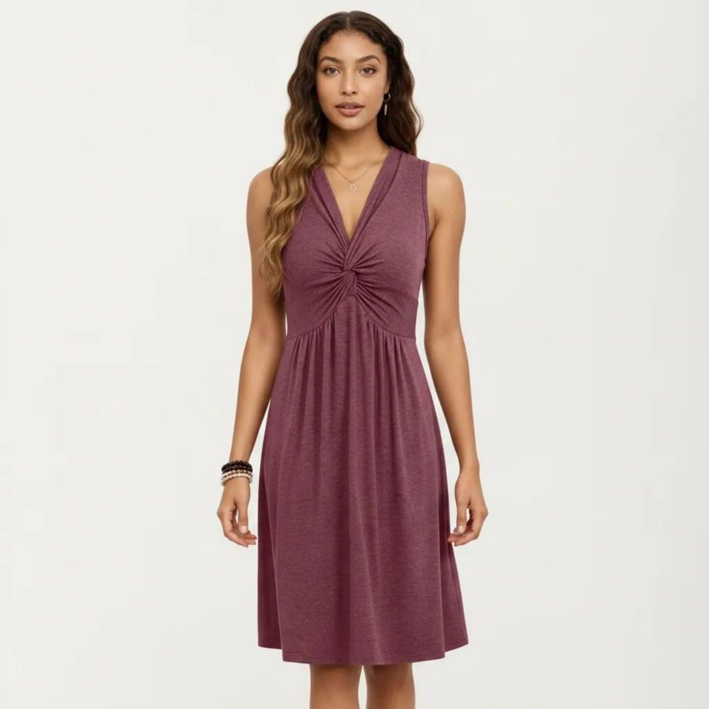 Sleeveless V Neck Midi Dress with Front Twist Detail and Flowy A Line Silhouette