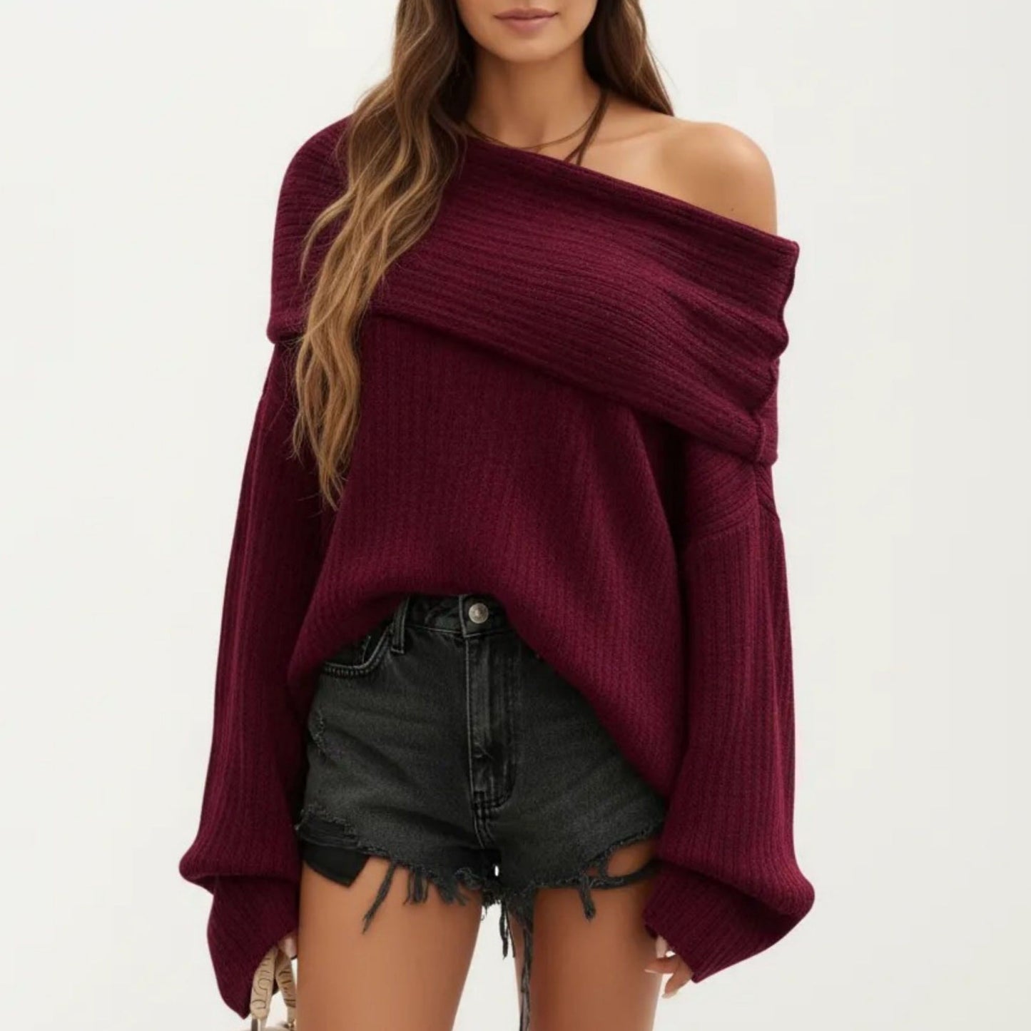 Off-Shoulder Ribbed Knit Sweater Top with Foldover Neckline and Soft Relaxed Fit for a Chic Textured Look