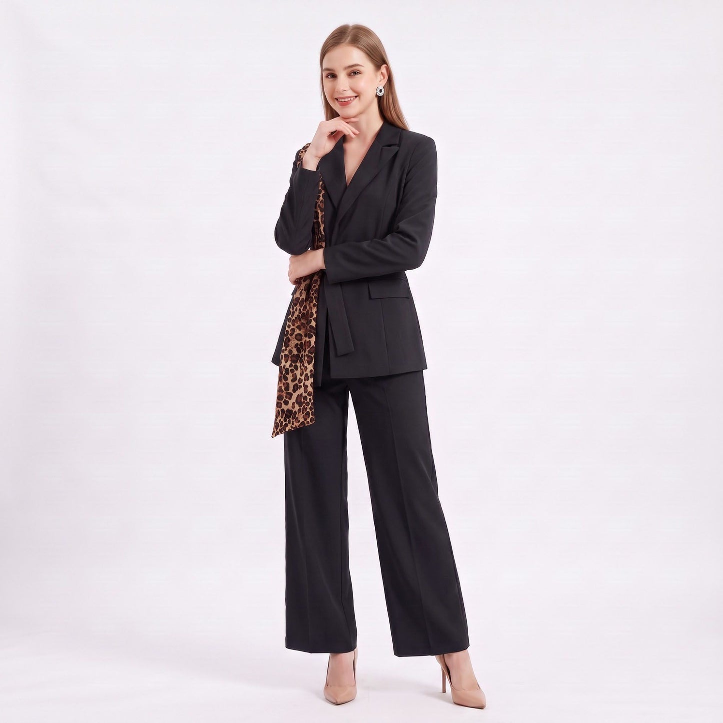 Long Sleeve Blazer and Pants Two Piece Set with Draped Scarf Detail