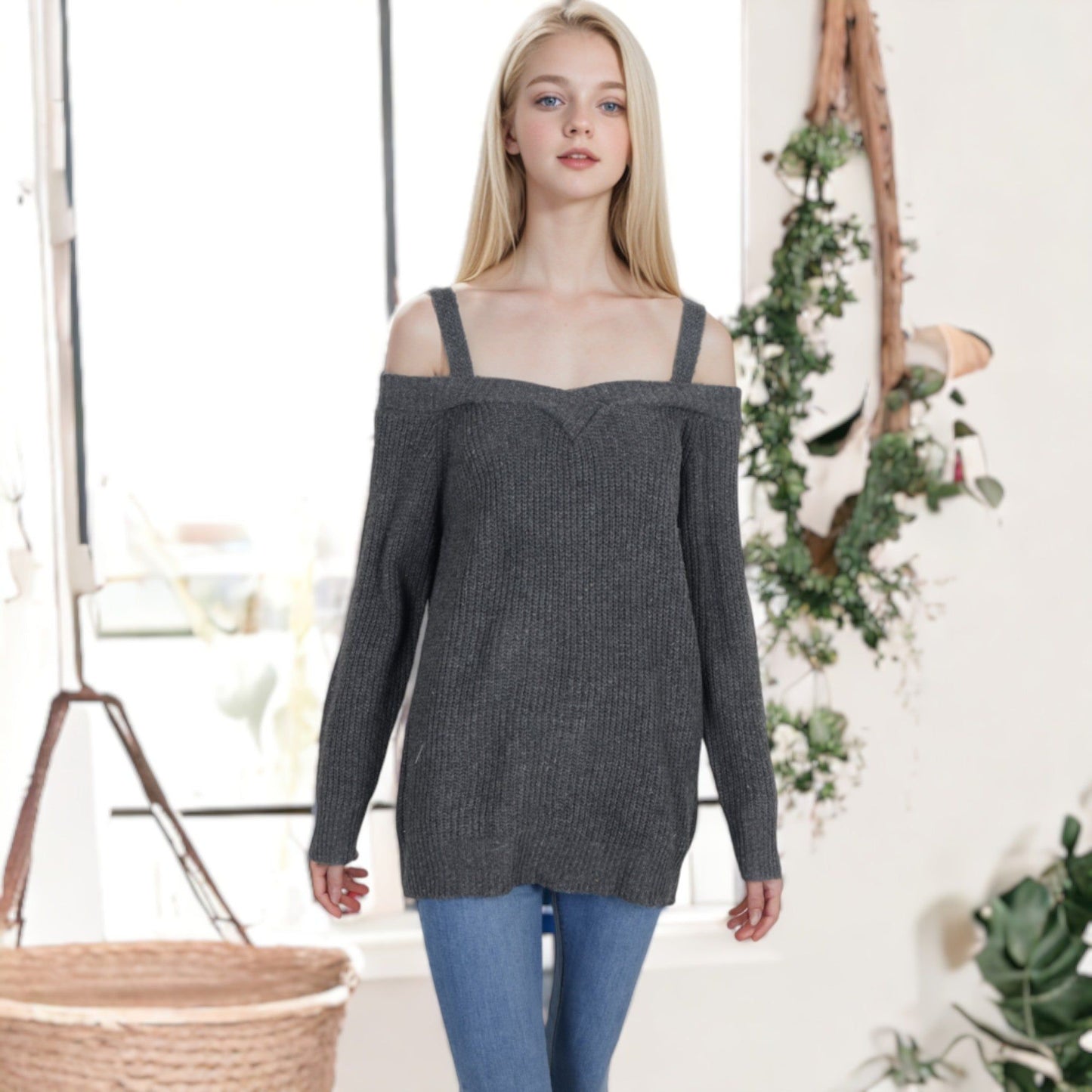 Long Sleeve Cold Shoulder Knit Pullover Sweater