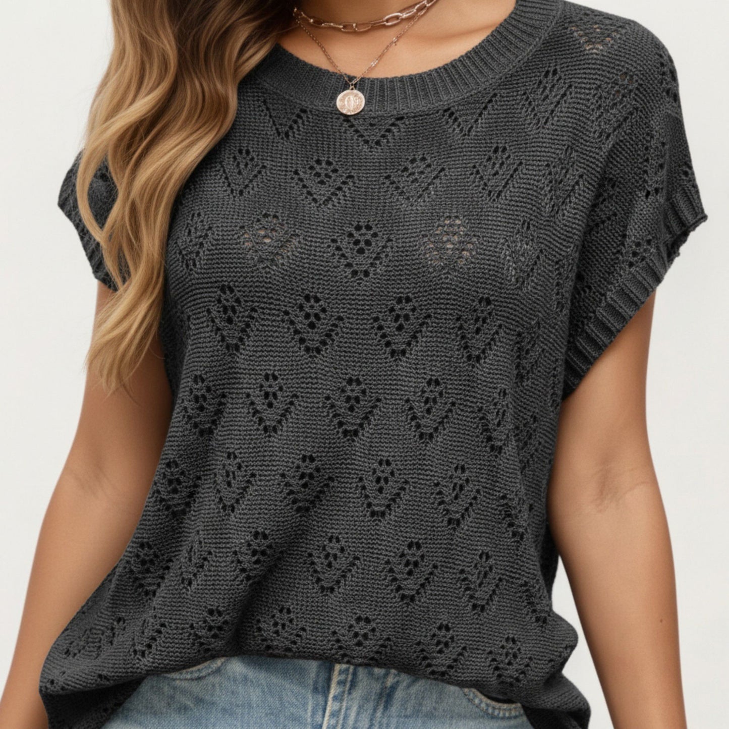 Short Sleeve Knit Top with Floral Eyelet Pattern and Ribbed Crew Neck
